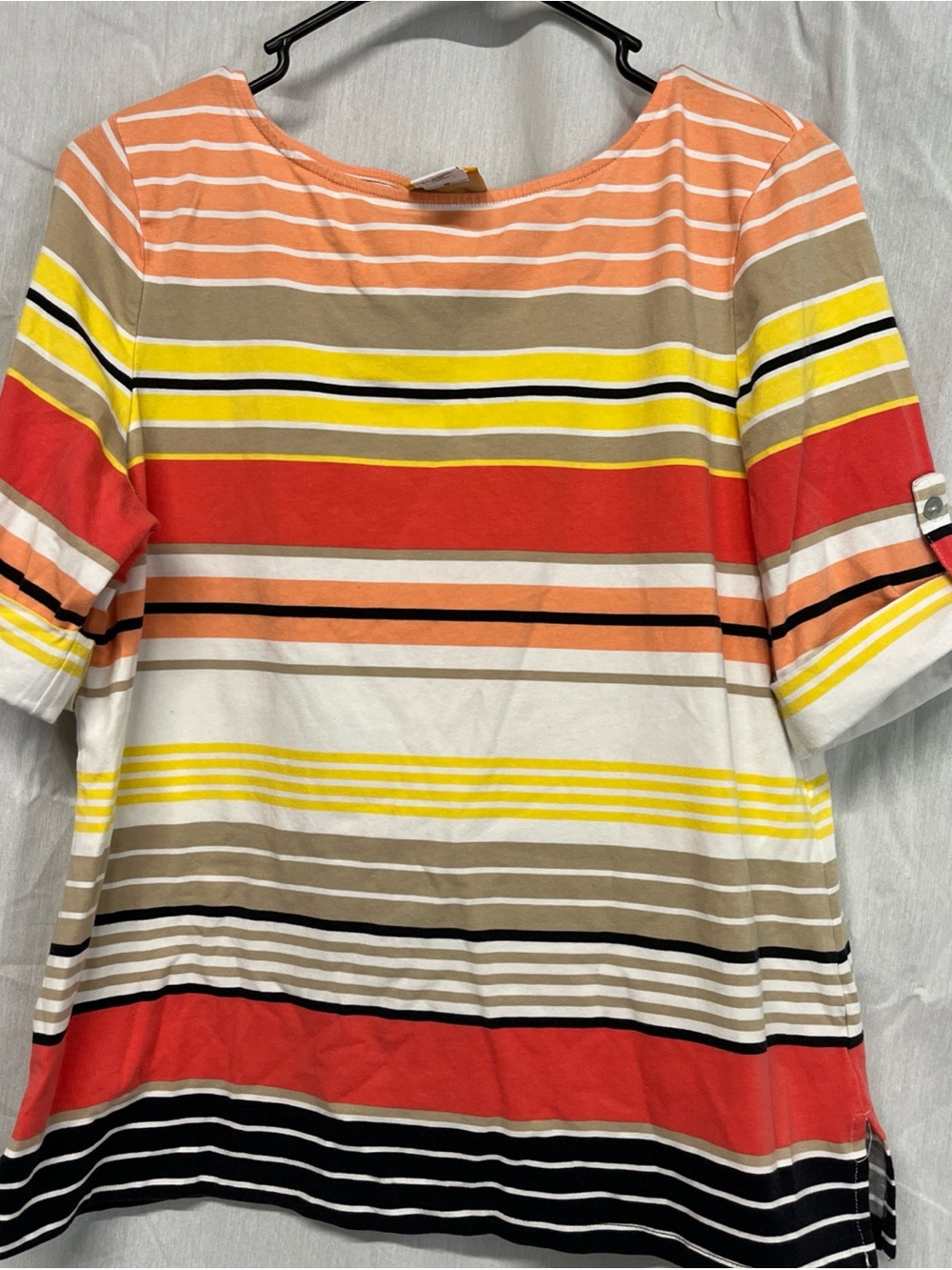 Ruby Rd. Striped Boatneck Top in Coral, Yellow, Beige, Black, White